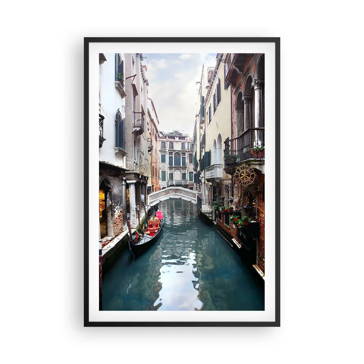 Plakát v černém rámu - Benátská krajina s gondolou a můstkem - 61x91 cm