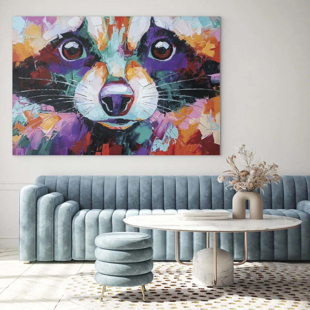 Obraz na skle - Živý a barevný portrét mývala namalovaný výraznými tahy štětcem - 70x50cm - Pouze dobré emoce - Moderní nástěnná dekorace do obývacího pokoje a ložnice ARTTOR