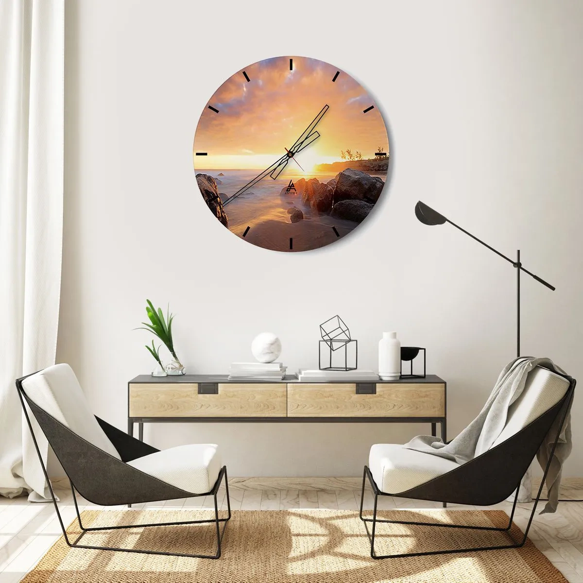 Nástěnné hodiny - Západ slunce nad mořem s kameny a teplým světlem - 30x30cm - Světlý večerní vánek - Moderní nástěnná dekorace do obývacího pokoje, kuchyně a ložnice ARTTOR
