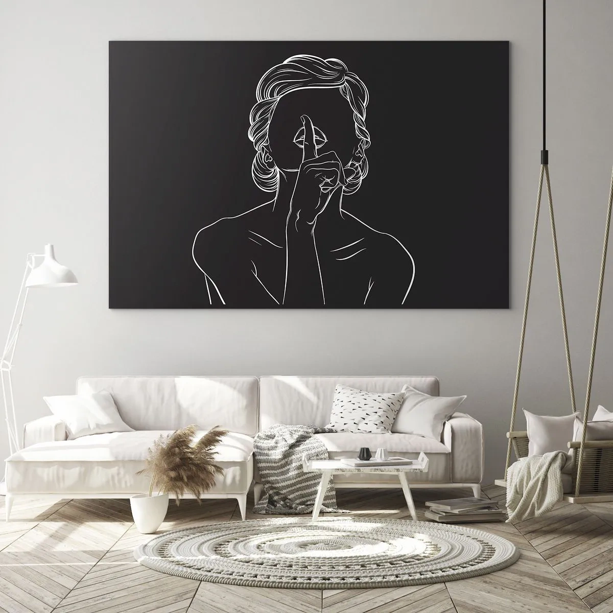 Obraz na skle - Minimalistická silueta ženy dělající gesto mlčení. - 70x50cm - Krása rozkvétá v tichu - Moderní nástěnná dekorace do obývacího pokoje a ložnice ARTTOR