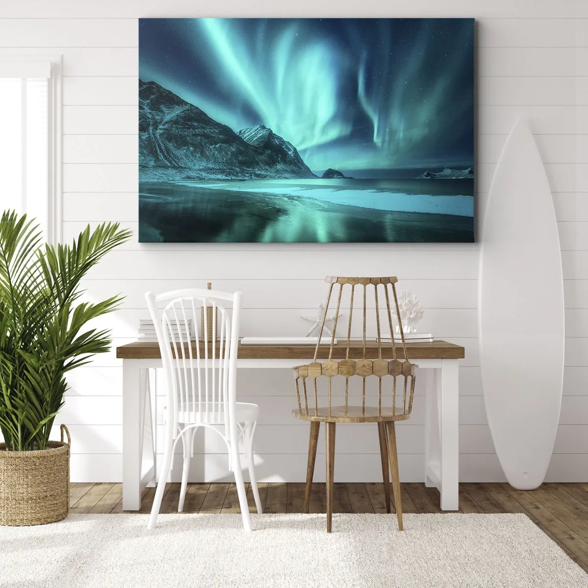 Obraz na plátně - Polární záře nad hornatou zimní krajinou - 70x50cm - Divy severu - Moderní nástěnná dekorace do obývacího pokoje a ložnice ARTTOR