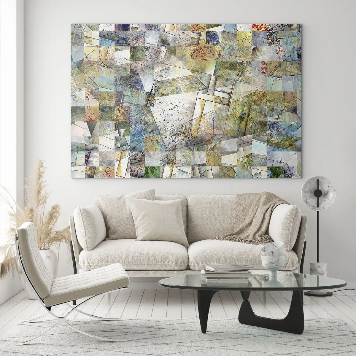Obraz na skle - Barevná kompozice fragmentovaných geometrických tvarů - 70x50cm - Geometrické přeskupení - Moderní nástěnná dekorace do obývacího pokoje a ložnice ARTTOR
