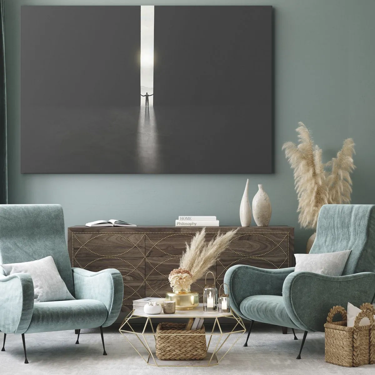Obraz na plátně - Muž stojící ve světle úzké štěrbiny v tmavém prostoru - 70x50cm - Krok ke světlé budoucnosti - Moderní nástěnná dekorace do obývacího pokoje a ložnice ARTTOR