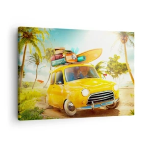 Obraz na plátně - Žluté auto se zavazadly na pozadí tropické krajiny - 70x50cm - Cesta pro více než jeden úsměv - Moderní nástěnná dekorace do obývacího pokoje a ložnice ARTTOR