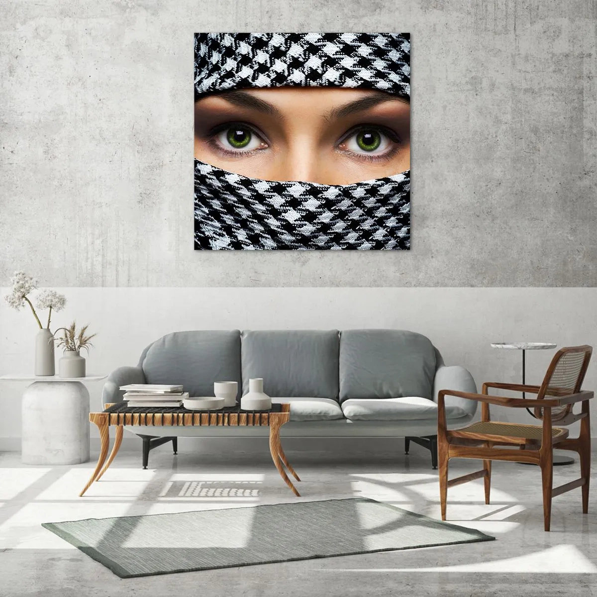 Obraz na skle - Portrét zahalené zelenooké krásky - 50x50 cm