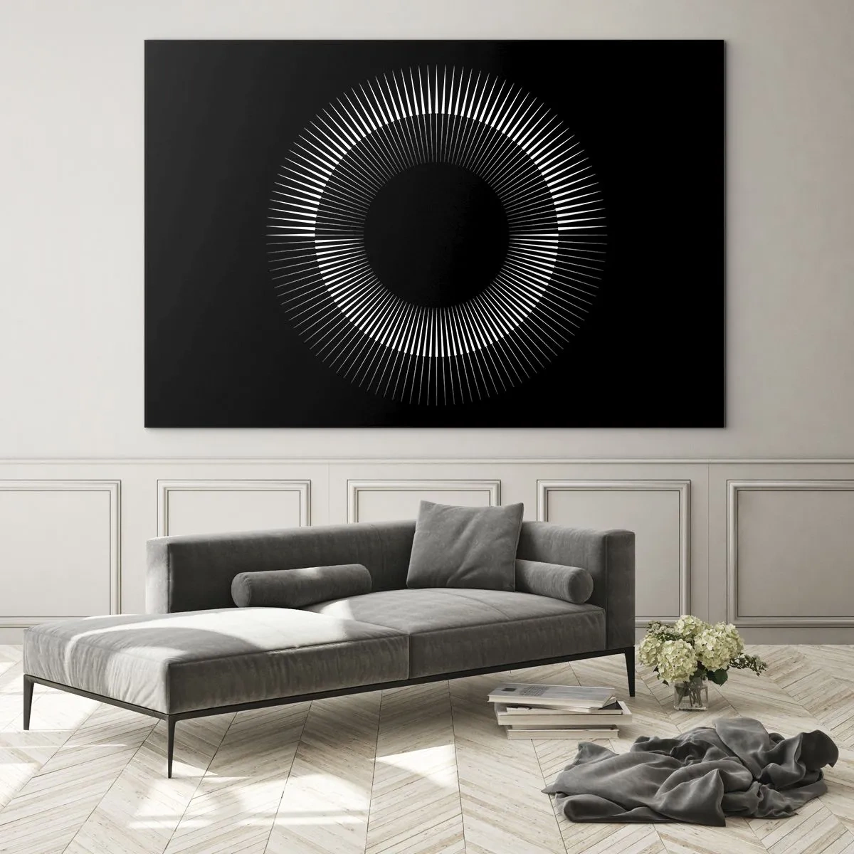 Obraz na skle - Bílé paprsky tvořící kruh na černém pozadí - 70x50cm - Černé slunce - Moderní nástěnná dekorace do obývacího pokoje a ložnice ARTTOR