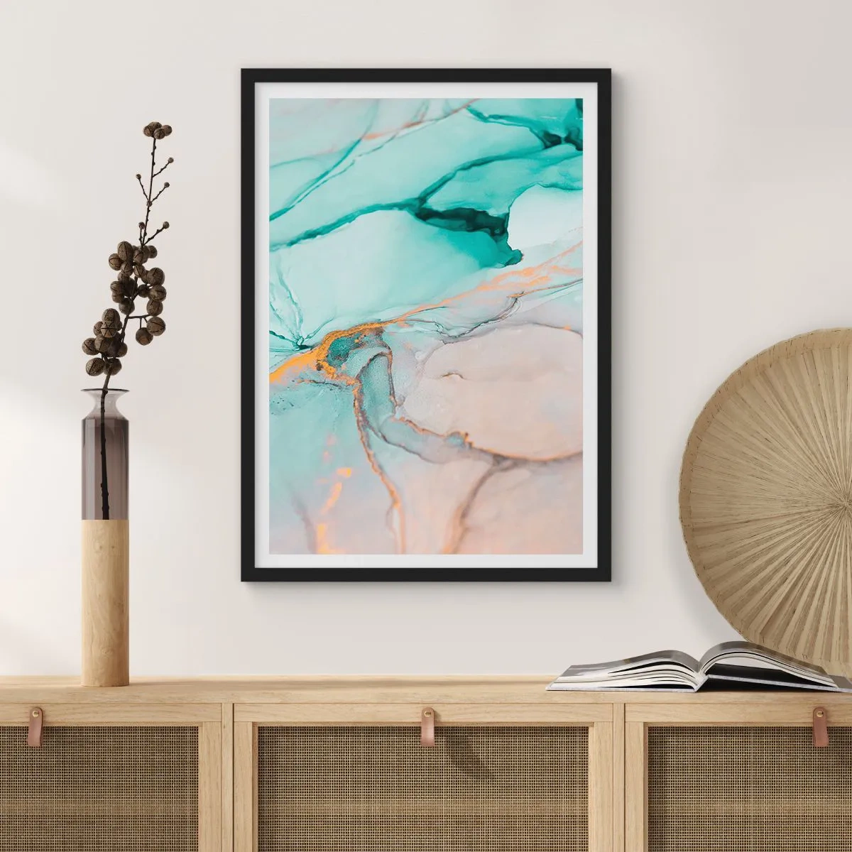 Plakát v černém rámu - Abstraktní kompozice v odstínech tyrkysové a zlaté. - 50x70cm - Tanec tvarů a barev - Moderní nástěnná dekorace do obývacího pokoje a ložnice ARTTOR