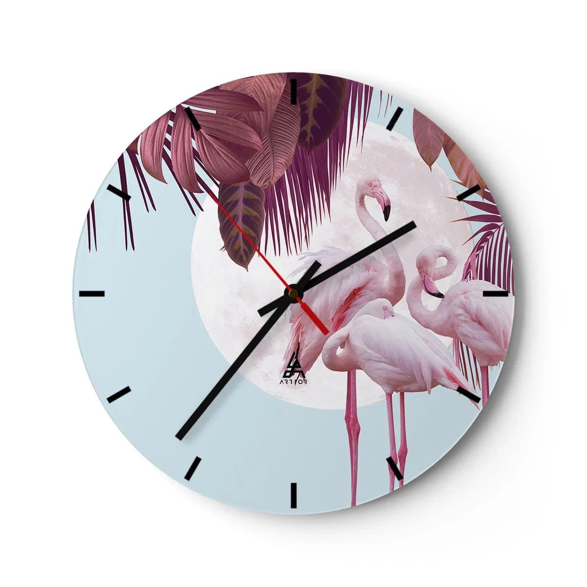 Nástěnné hodiny - Plameňáci na pozadí měsíce a tropických listů - 30x30cm - Tři ptačí grácie - Moderní nástěnná dekorace do obývacího pokoje, kuchyně a ložnice ARTTOR