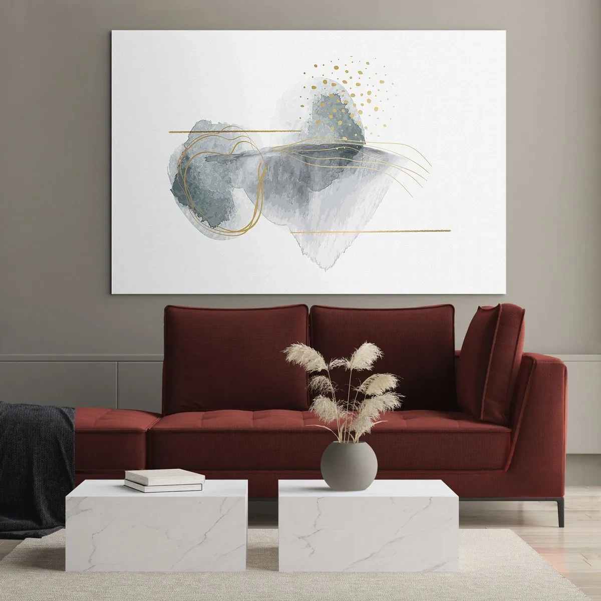 Obraz na skle - Abstraktní kompozice šedé se zlatými akcenty - 70x50cm - O vztahu mezi šedou a zlatou - Moderní nástěnná dekorace do obývacího pokoje a ložnice ARTTOR
