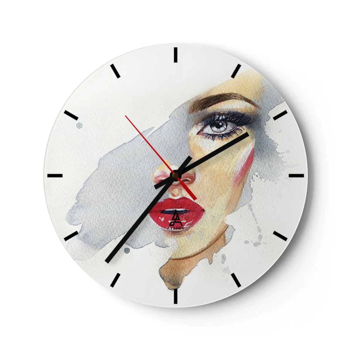 Nástěnné hodiny - Portrét ženy ve stylu akvarelu na bílém pozadí - 30x30cm - Odraz v kapce vody - Moderní nástěnná dekorace do obývacího pokoje, kuchyně a ložnice ARTTOR