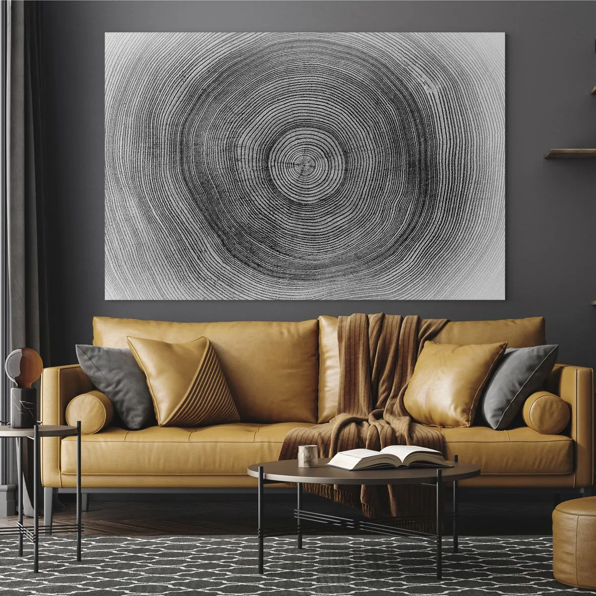 Obraz na skle - Soustředné linie letokruhů prezentované v černobílé estetice - 70x50cm - Znamení doby - Moderní nástěnná dekorace do obývacího pokoje a ložnice ARTTOR
