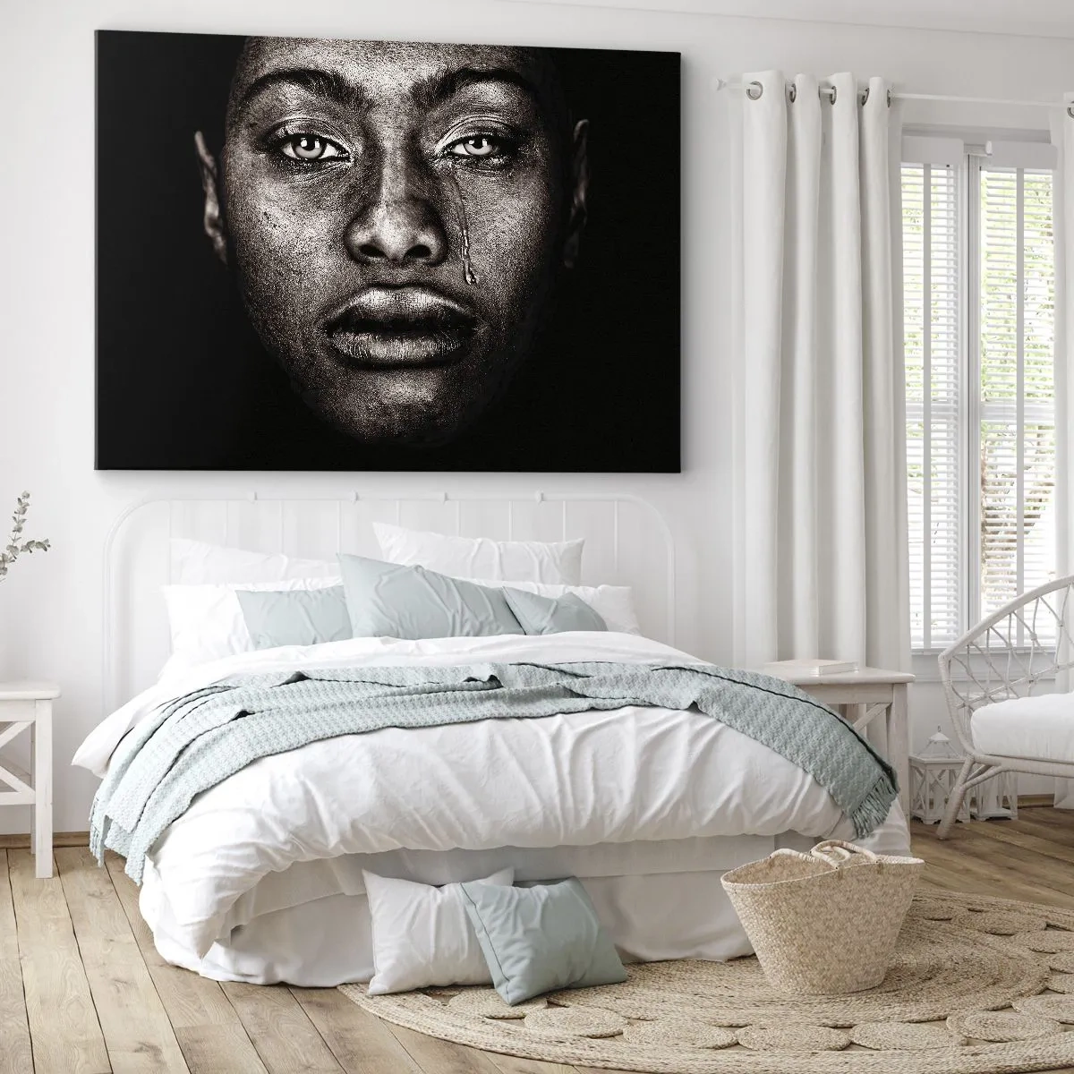 Obraz na plátně - Portrét tváře s jedinou slzou na černém pozadí - 70x50cm - Jedna slza - Moderní nástěnná dekorace do obývacího pokoje a ložnice ARTTOR