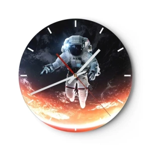 Nástěnné hodiny - Astronaut vznášející se ve vesmíru s výhledem na Zemi - 30x30cm - Mohu zůstat ještě chvilku? - Moderní nástěnná dekorace do obývacího pokoje, kuchyně a ložnice ARTTOR