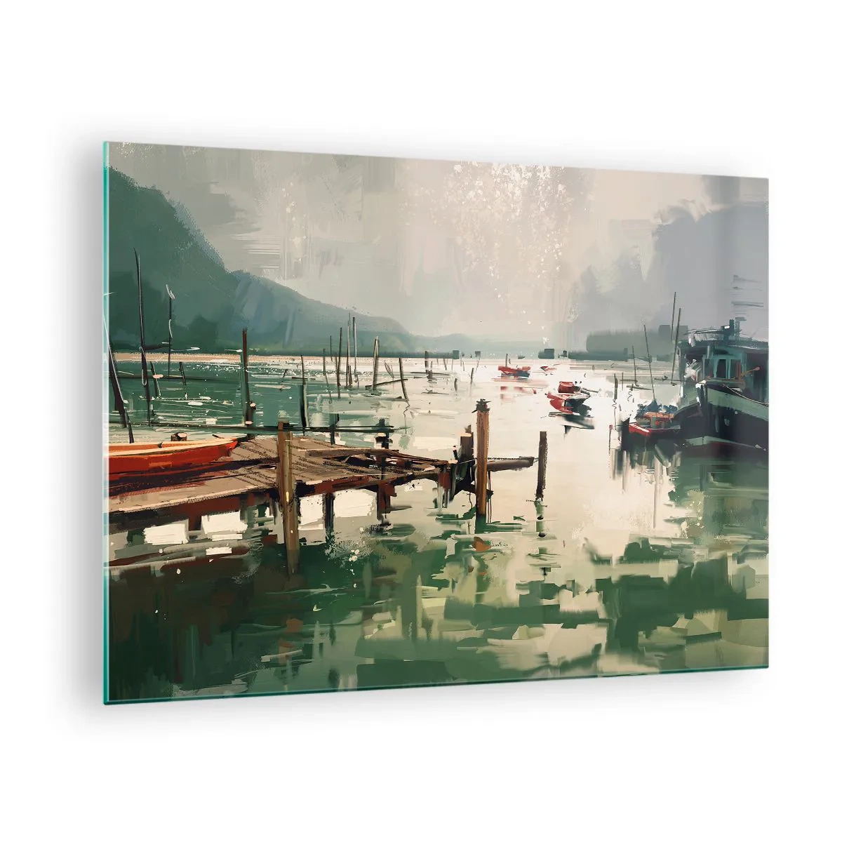 Obraz na skle - Dřevěné molo a lodě na klidné vodě obklopené horami - 70x50cm - Zalité roztaveným měsícem - Moderní nástěnná dekorace do obývacího pokoje a ložnice ARTTOR
