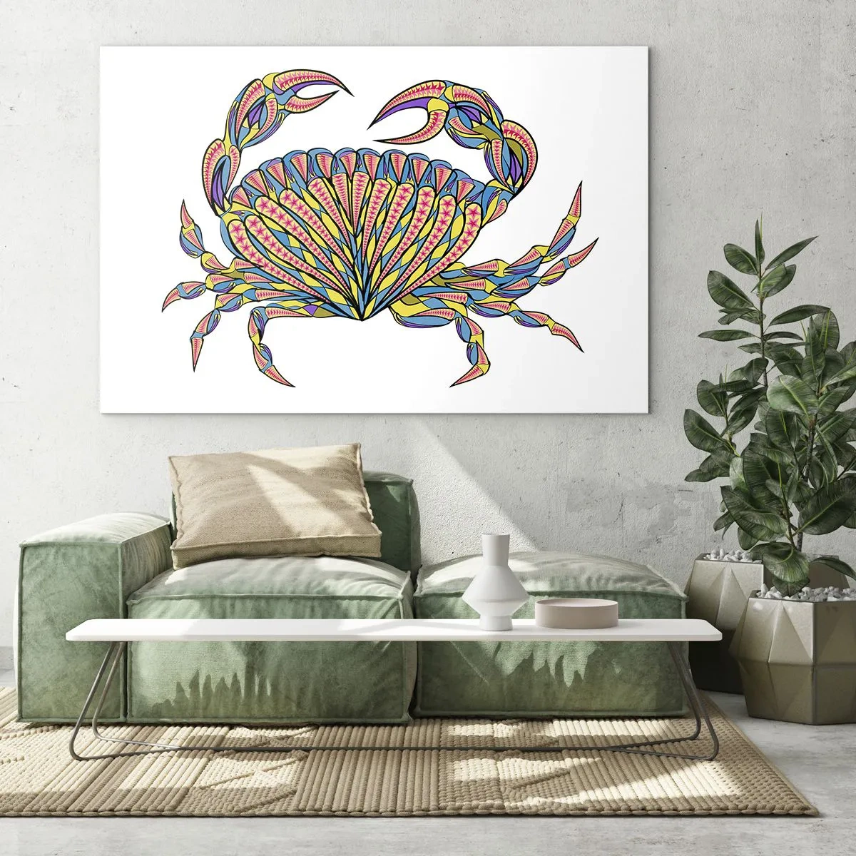 Obraz na skle - Ilustrace barevného kraba v geometrickém stylu - 70x50cm - Mořské klenoty - Moderní nástěnná dekorace do obývacího pokoje a ložnice ARTTOR