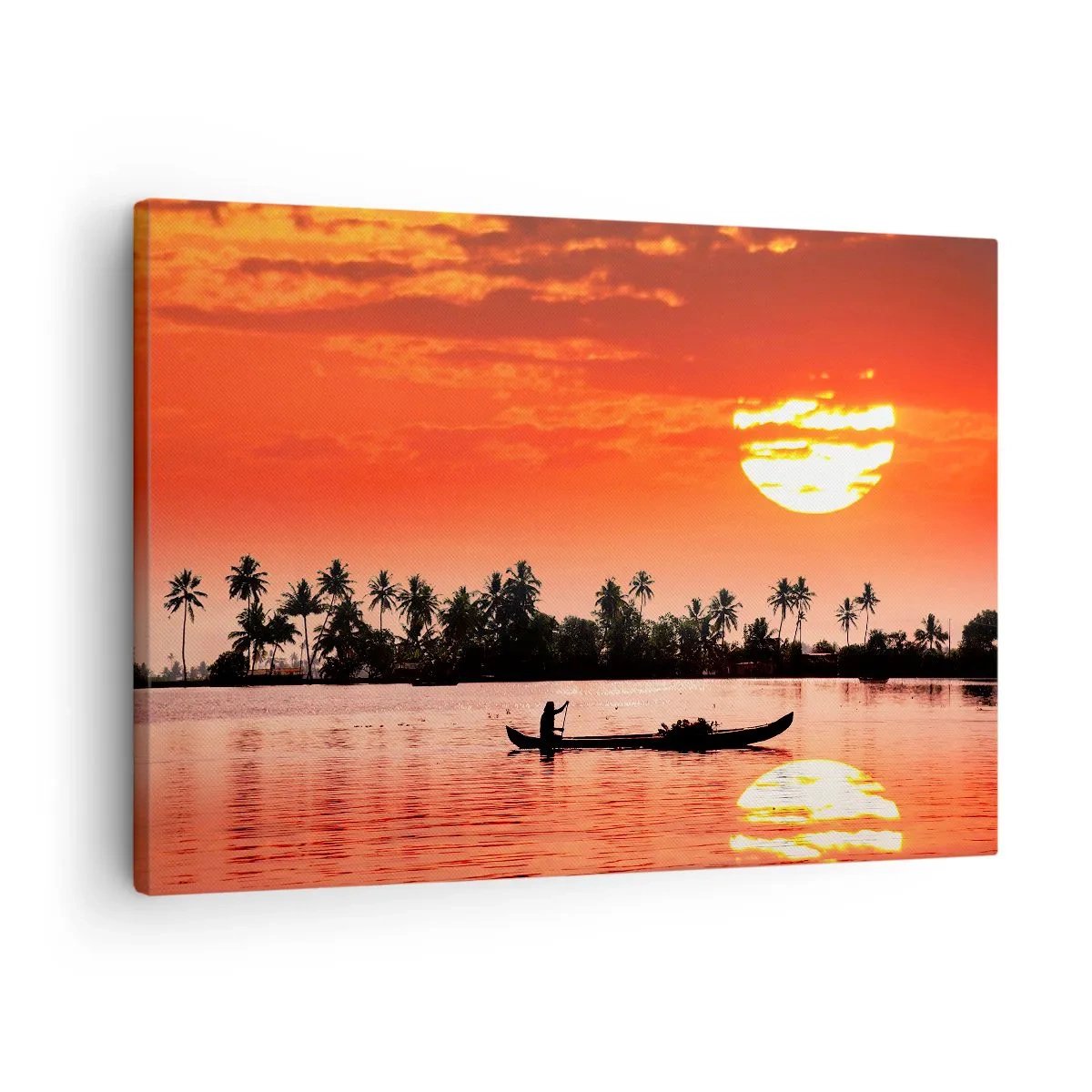 Obraz na plátně - Tropický západ slunce s lodí a palmami v pozadí - 70x50cm - Klid tropů při západu - Moderní nástěnná dekorace do obývacího pokoje a ložnice ARTTOR