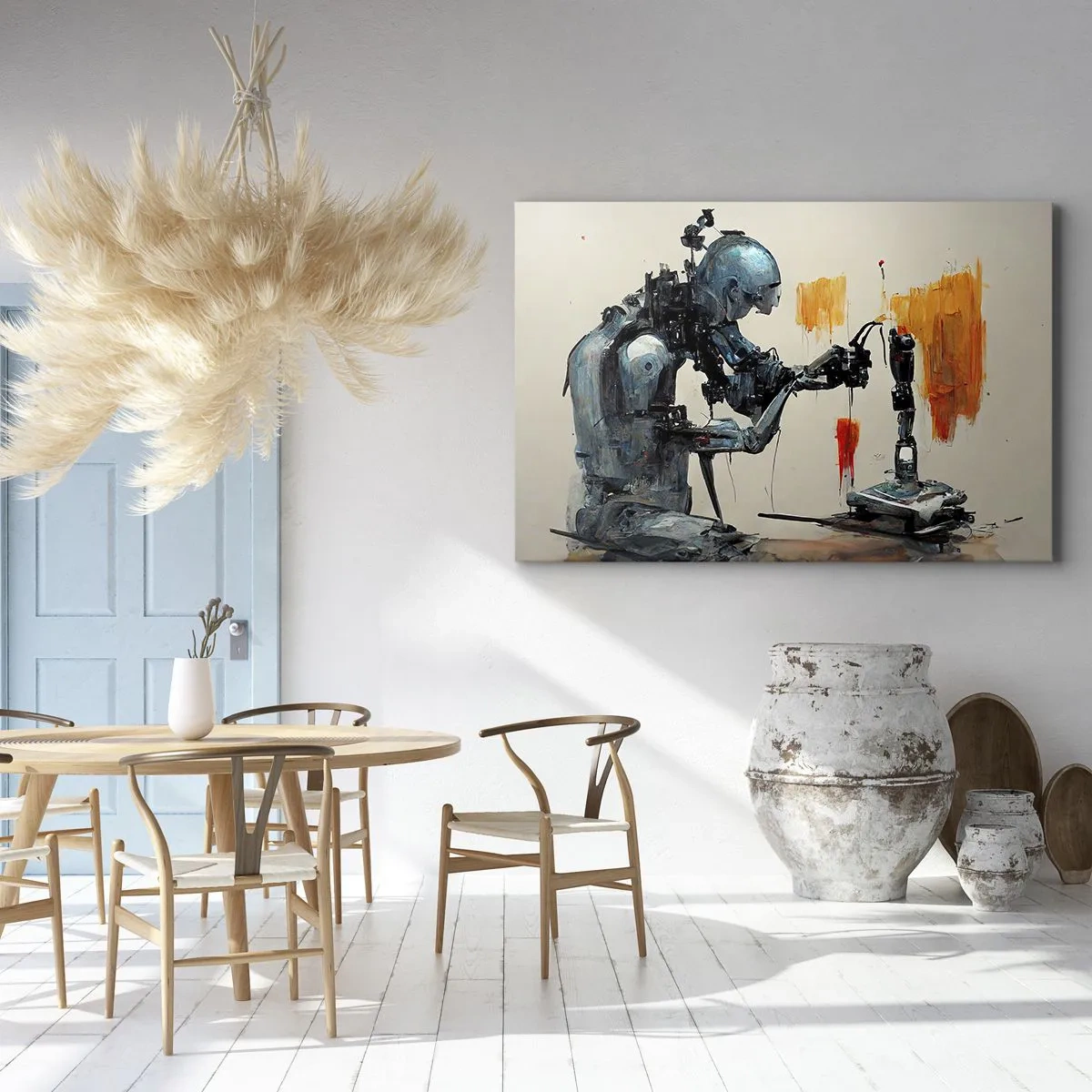 Obraz na plátně - Robot v práci s abstraktním pozadím - 70x50cm - Už zítra… - Moderní nástěnná dekorace do obývacího pokoje a ložnice ARTTOR