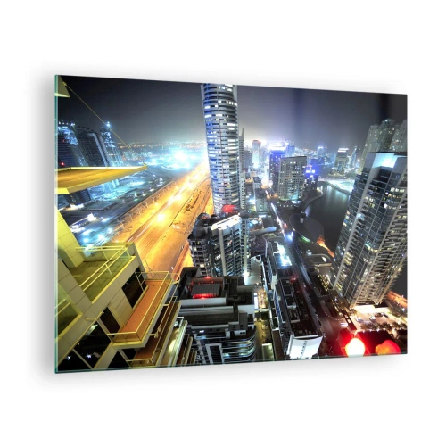 Obraz na skle - Panorama nočního města s osvětlenými mrakodrapy - 70x50cm - Zázrak na poušti - Moderní nástěnná dekorace do obývacího pokoje a ložnice ARTTOR