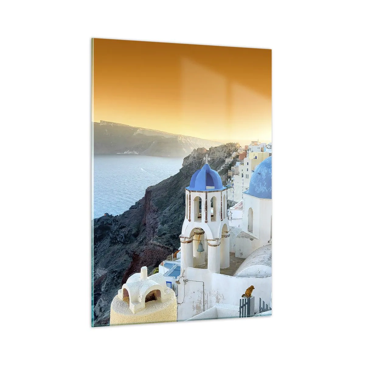 Obraz na skle - Santorini - přitulené ke skalám - 50x70 cm