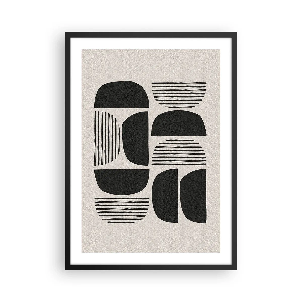 Plakát v černém rámu - Geometrická abstrakce s černými tvary a čarami - 50x70cm - Polovičaté soustavy - Moderní nástěnná dekorace do obývacího pokoje a ložnice ARTTOR